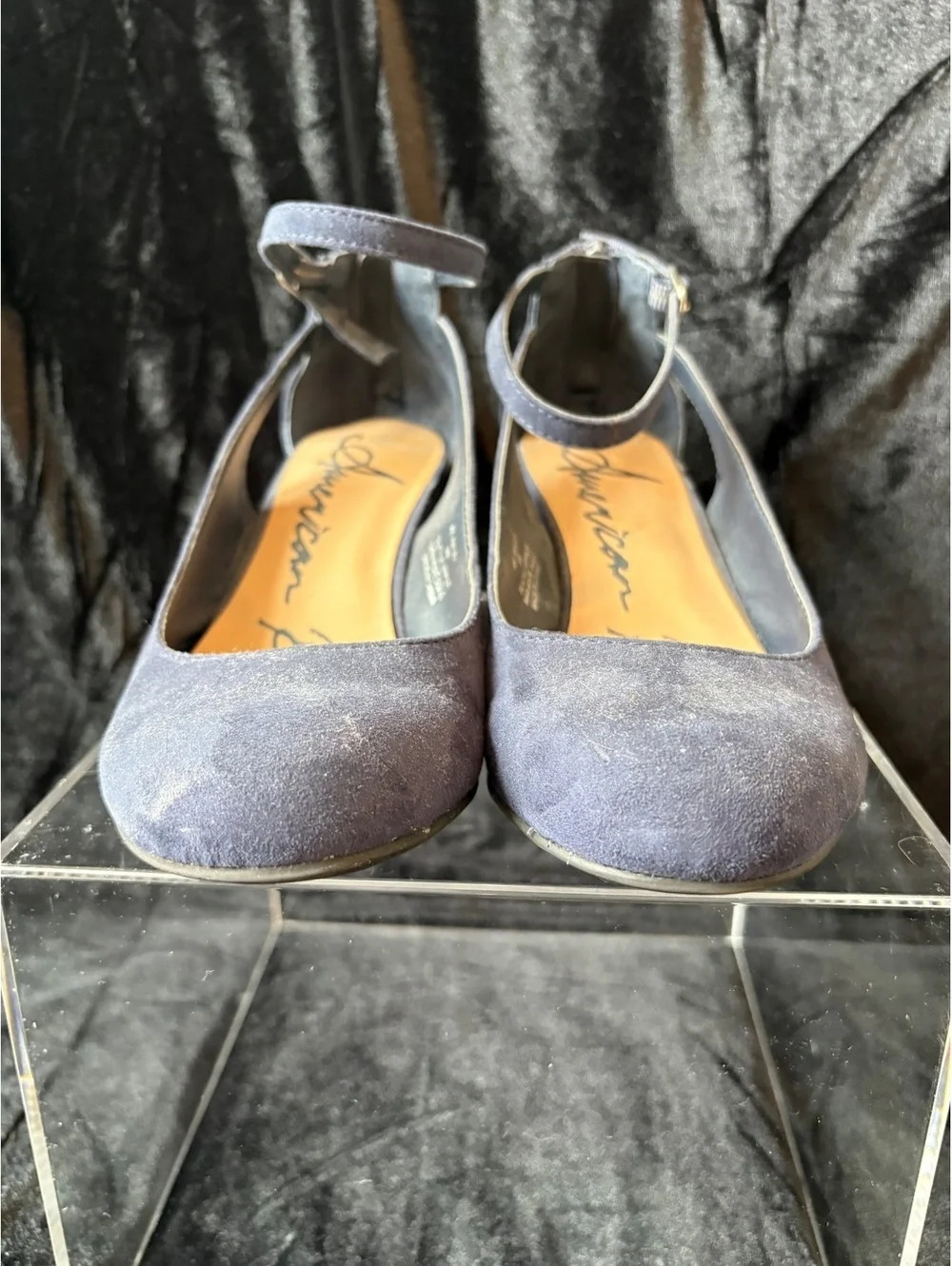 American Rag Gray Suede Ankle Strap Wedge Heels with Back Zipper
